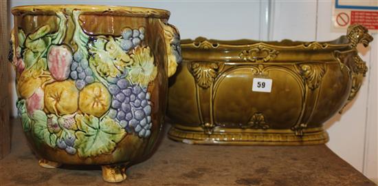 Majolica ram handled jardiniere & another